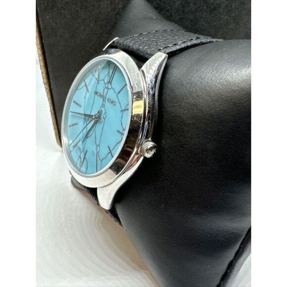 Michael Kors MK3503 Women Black Leather Strap Analog Turquoise Dial Watch JNA235 - Picture 2 of 11